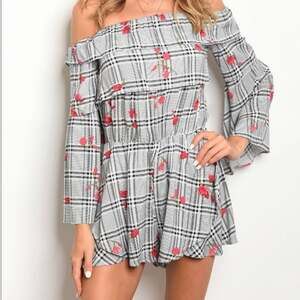 Miss Love Off The Shoulder Bell Sleeve Shorts Romper Black Plaid Cherry Small